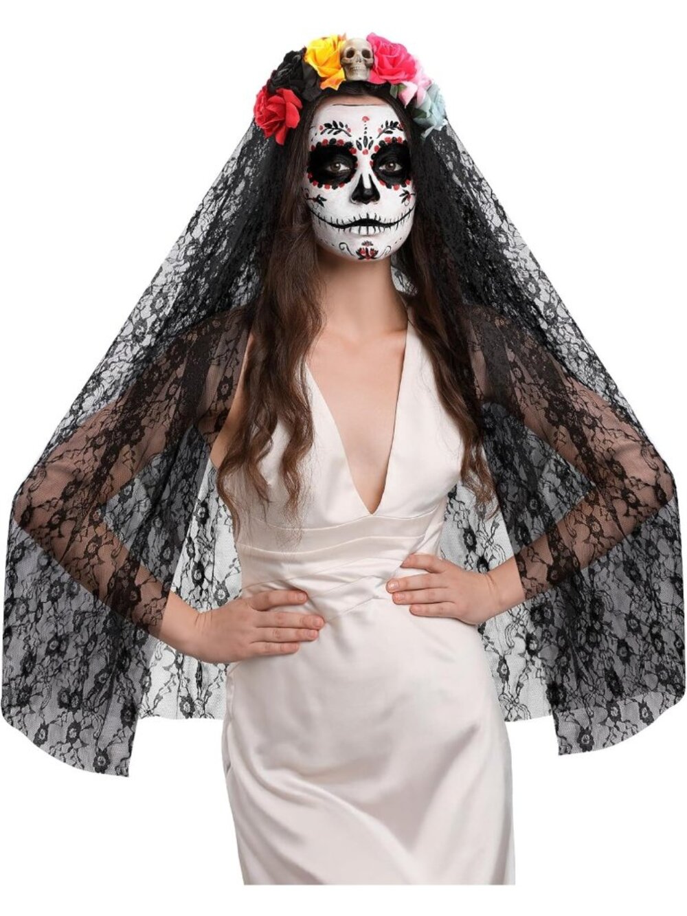 Floral Skull Veil Headpiece | Rose Flower Crown for Halloween Cosplay & Day of